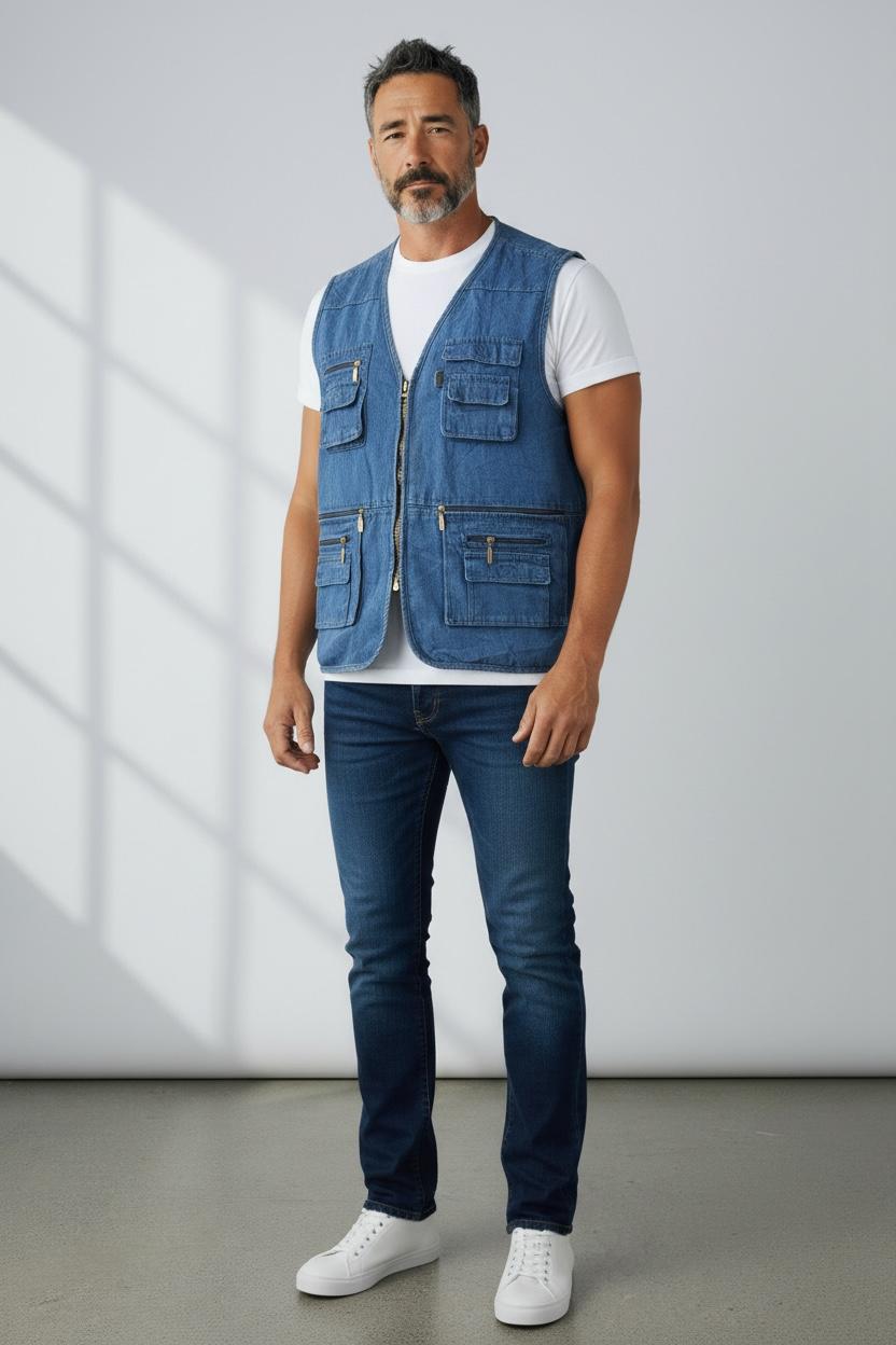 Men’s Vintage Denim Utility Vest – Multi-Pocket Casual Sleeveless Jacket