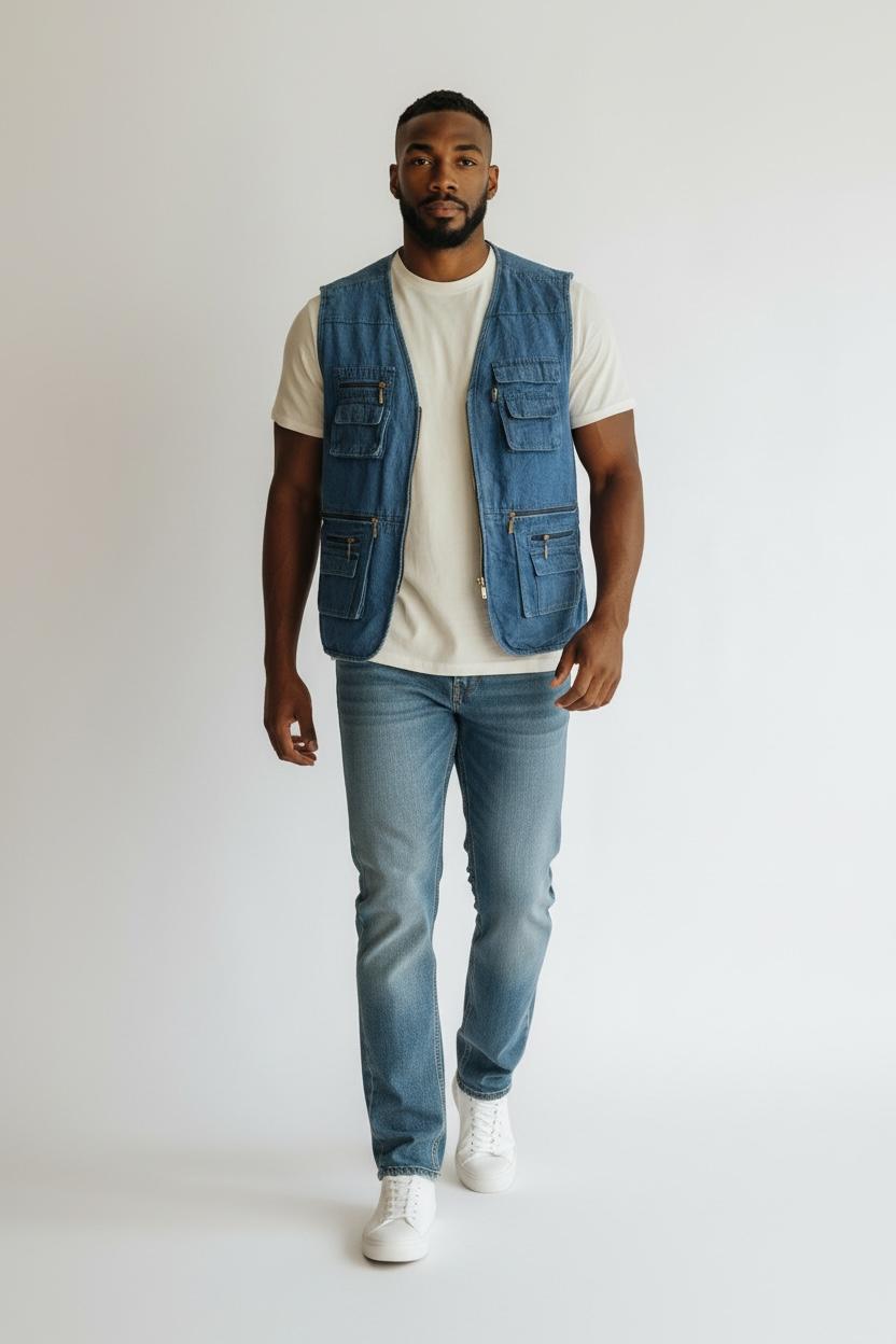 Men’s Vintage Denim Utility Vest – Multi-Pocket Casual Sleeveless Jacket